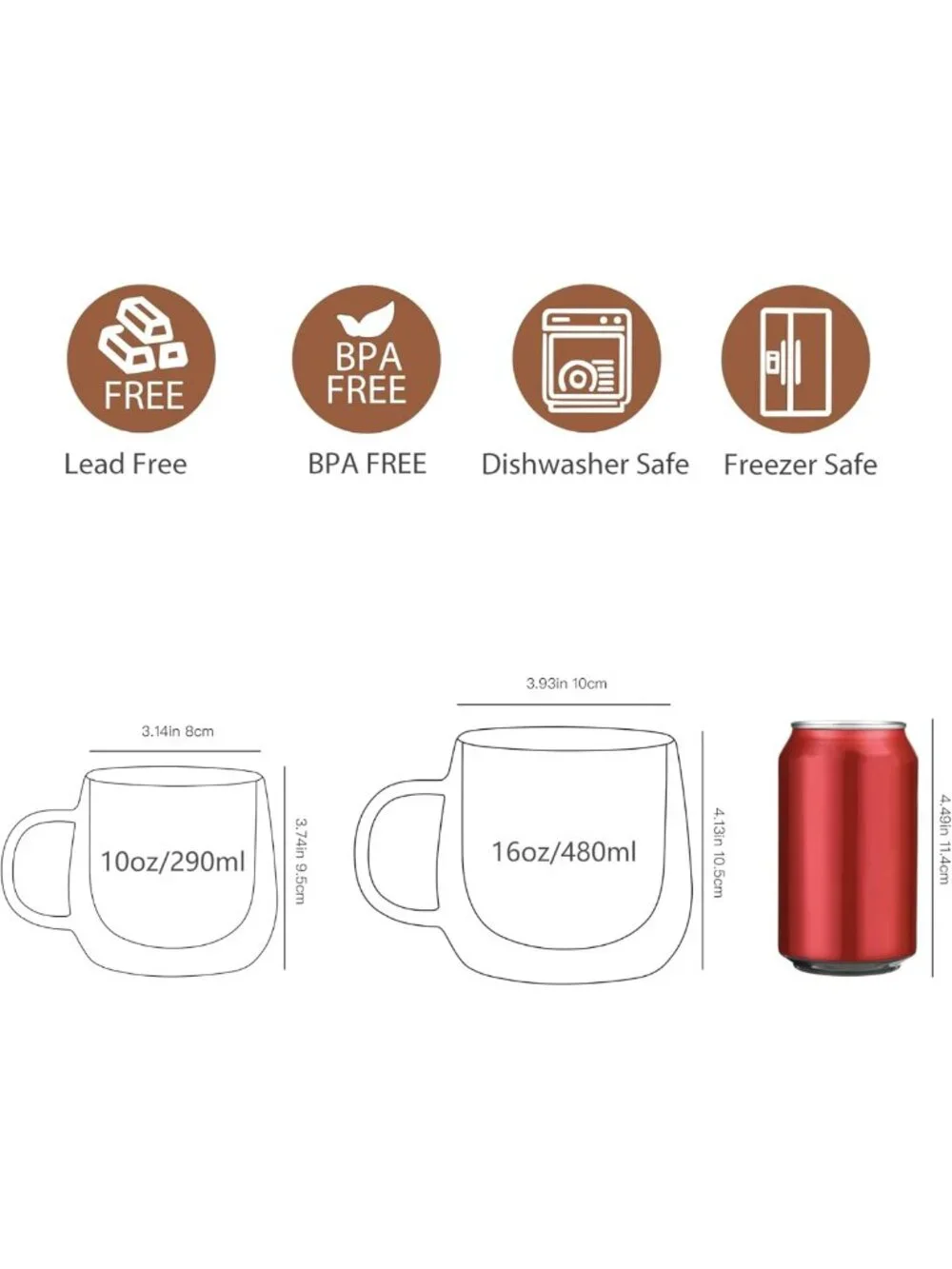 Double Walled Glass Coffee Mugs Set of 4 - Large Clear Cups for Latte, Tea
